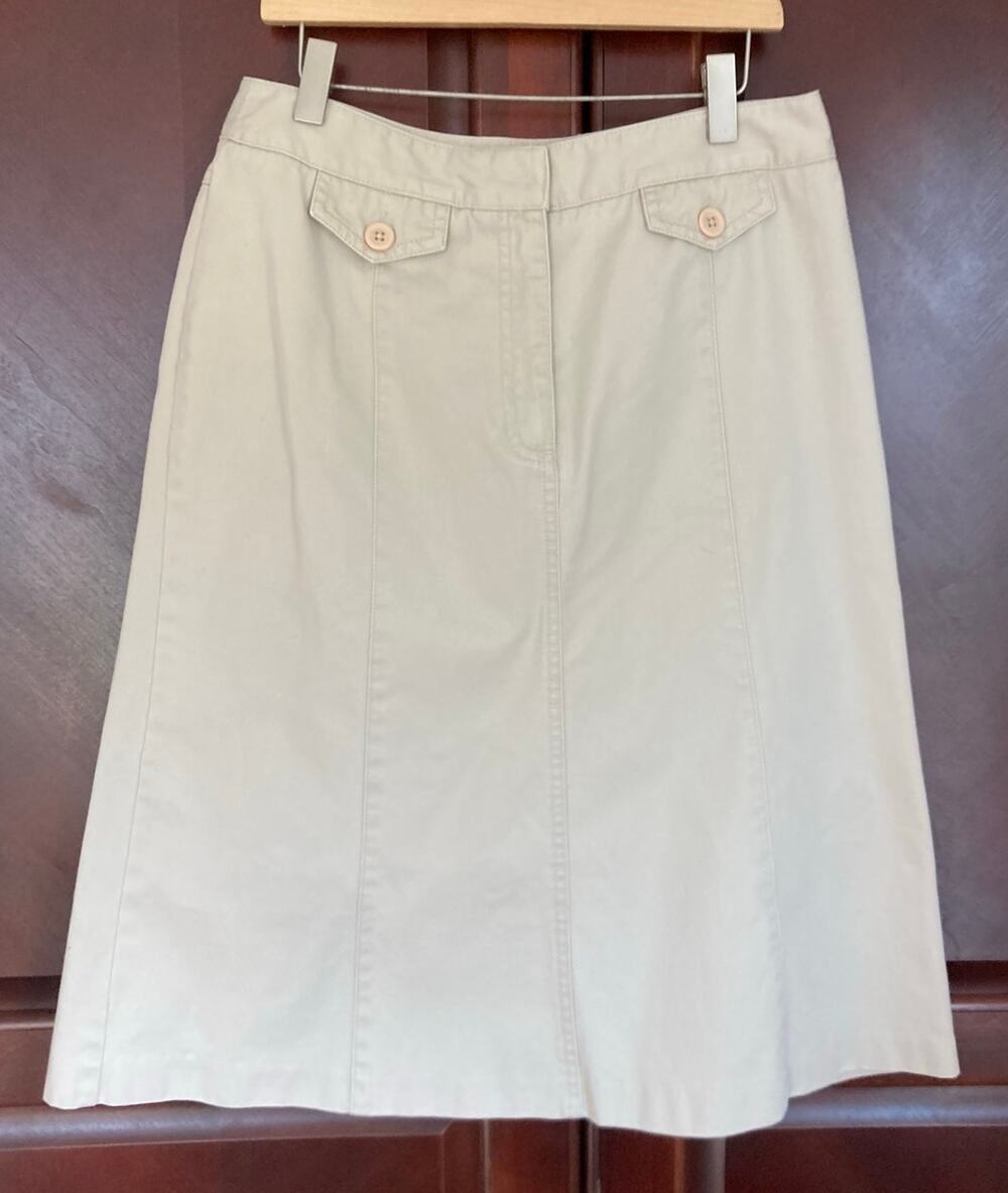 Talbots -Preppy Old Money 90s Y2K Khaki Button Flap Pockets Knee Length Skirt -6